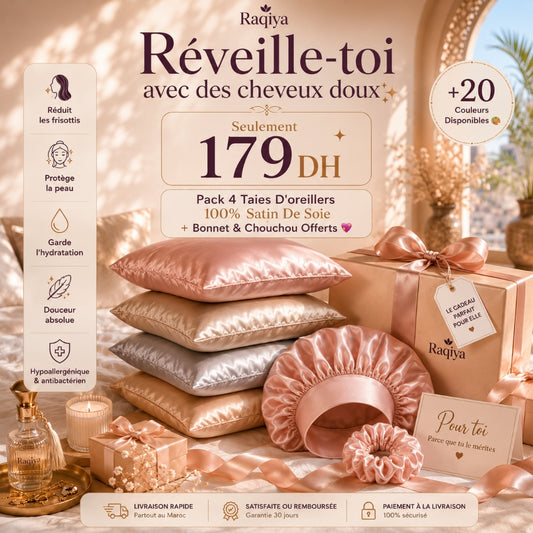 Pack 4 Taies D'oreillers 100% Satin De Soie + Bonnet + Chouchou Offerts 🎁